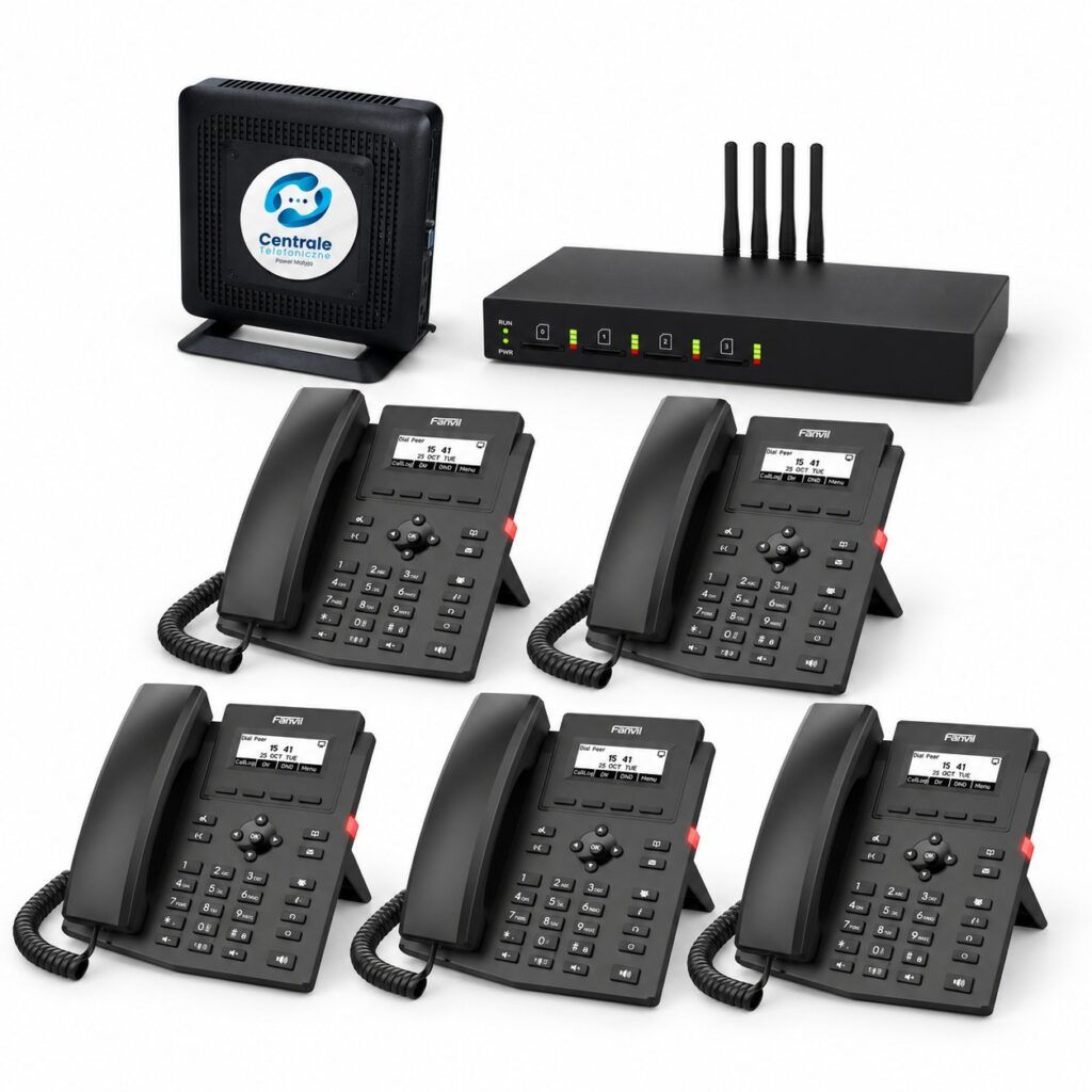 Centrala telefoniczna Asterisk z konfiguracją + bramka GSM Dinstar UC2000-VE + 5 × telefon VoIP Fanvil X301G